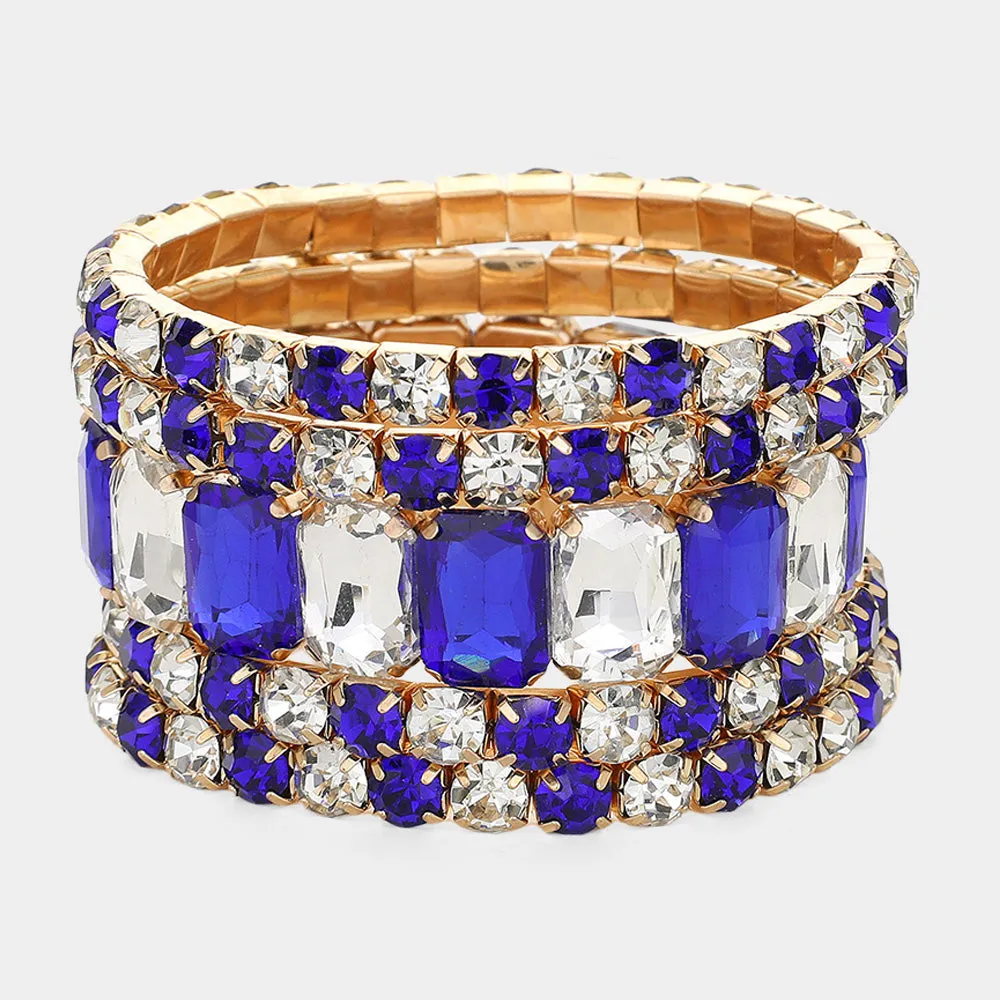 5 Pieces - Royal Blue and Clear Stone Stone Stretch Multi Layered Pageant Bracelets | Prom Jewelry |  648516