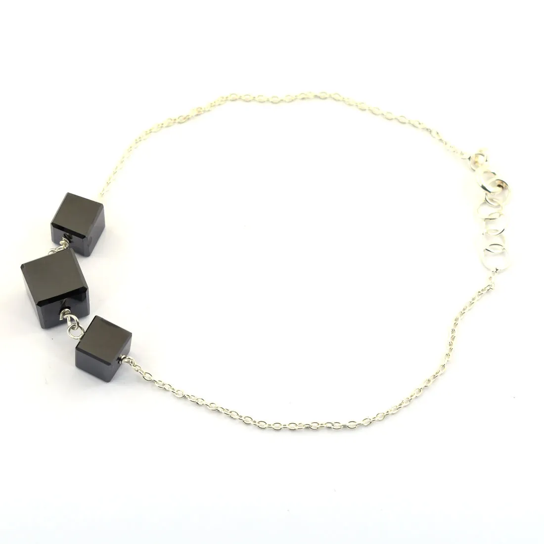 5.50 Cts Cube Shape Black Diamond 3 Beads Sterling Silver Chain Bracelet in 925 Silver. AAA Certified