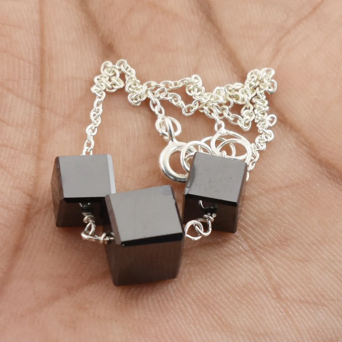 5.50 Cts Cube Shape Black Diamond 3 Beads Sterling Silver Chain Bracelet in 925 Silver. AAA Certified