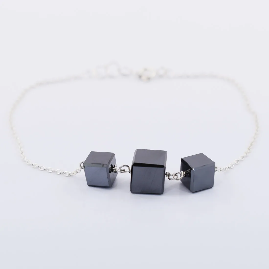 5.50 Cts Cube Shape Black Diamond 3 Beads Sterling Silver Chain Bracelet in 925 Silver. AAA Certified