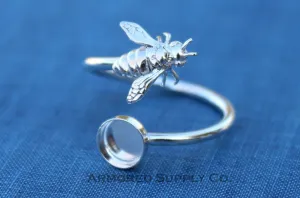 5mm Silver Honey Bee Wrap Bypass Adjustable Bezel Ring blank