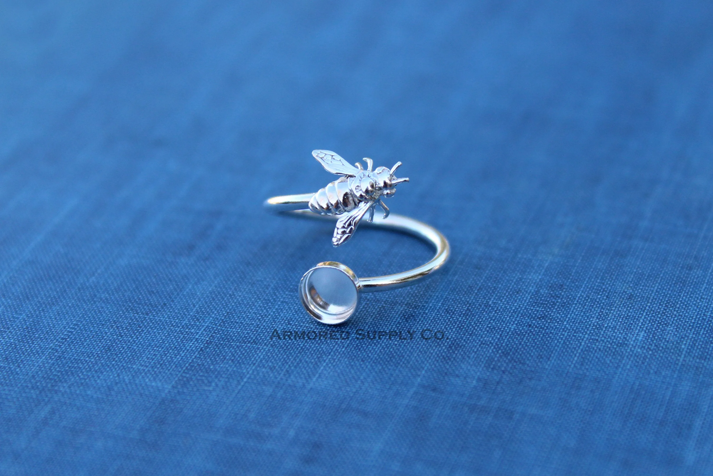 5mm Silver Honey Bee Wrap Bypass Adjustable Bezel Ring blank