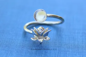 5mm Silver Lotus Flower Wrap Bypass Wrap Adjustable Bezel Ring blank