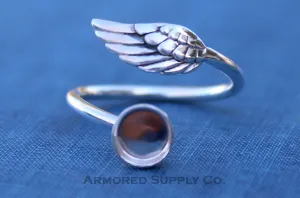 6mm Silver Angel Wing Bypass Wrap Adjustable Bezel Ring blank