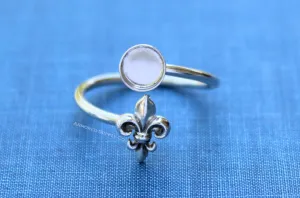 6mm Silver Fleur De Lis Wrap Bypass Adjustable Bezel Ring blank