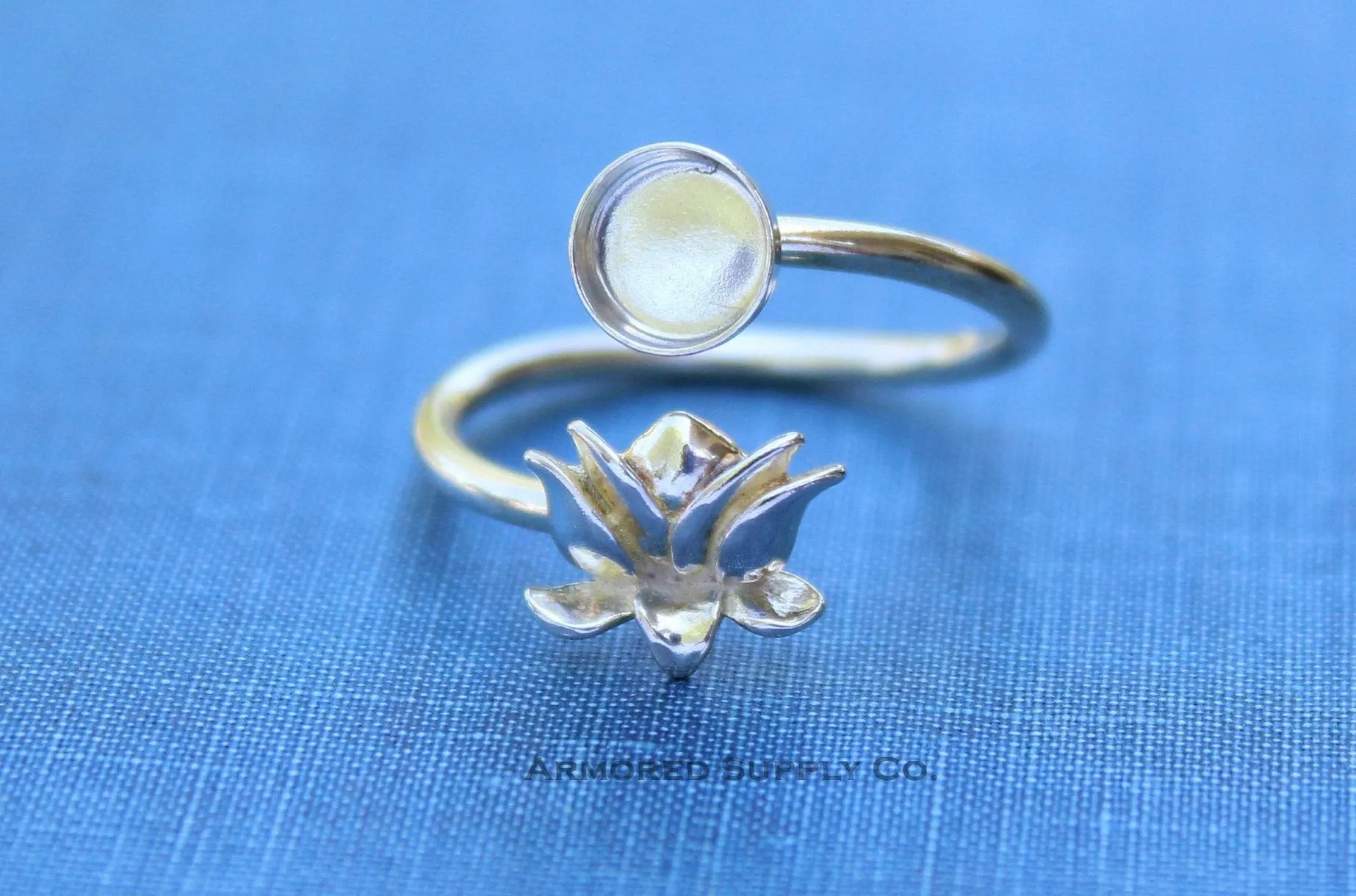6mm Silver Lotus Flower Wrap Bypass Adjustable Bezel Ring blank