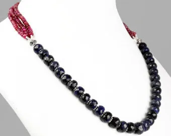 7-8 mm Faceted Blue Sapphire Gemstone Necklace With African Rubies