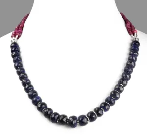 7-8 mm Faceted Blue Sapphire Gemstone Necklace With African Rubies