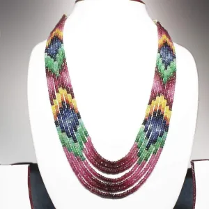 7 strand Ruby Emerald Sapphire Faceted Rondelle Gemstone Necklace 19" 3mm 4mm