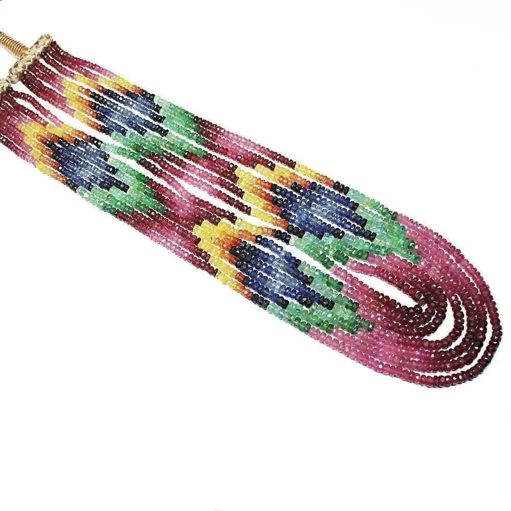 7 strand Ruby Emerald Sapphire Faceted Rondelle Gemstone Necklace 19" 3mm 4mm