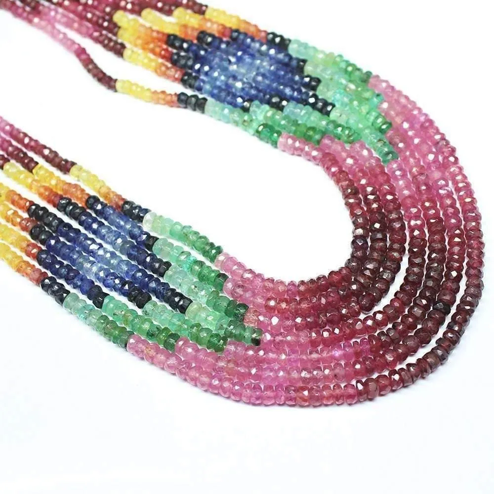7 strand Ruby Emerald Sapphire Faceted Rondelle Gemstone Necklace 19" 3mm 4mm