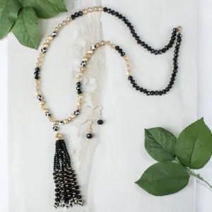 72656 - Crystal Tassel Necklace - Black