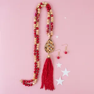 72889 - Animal Print Beaded Tassel Necklace - Red