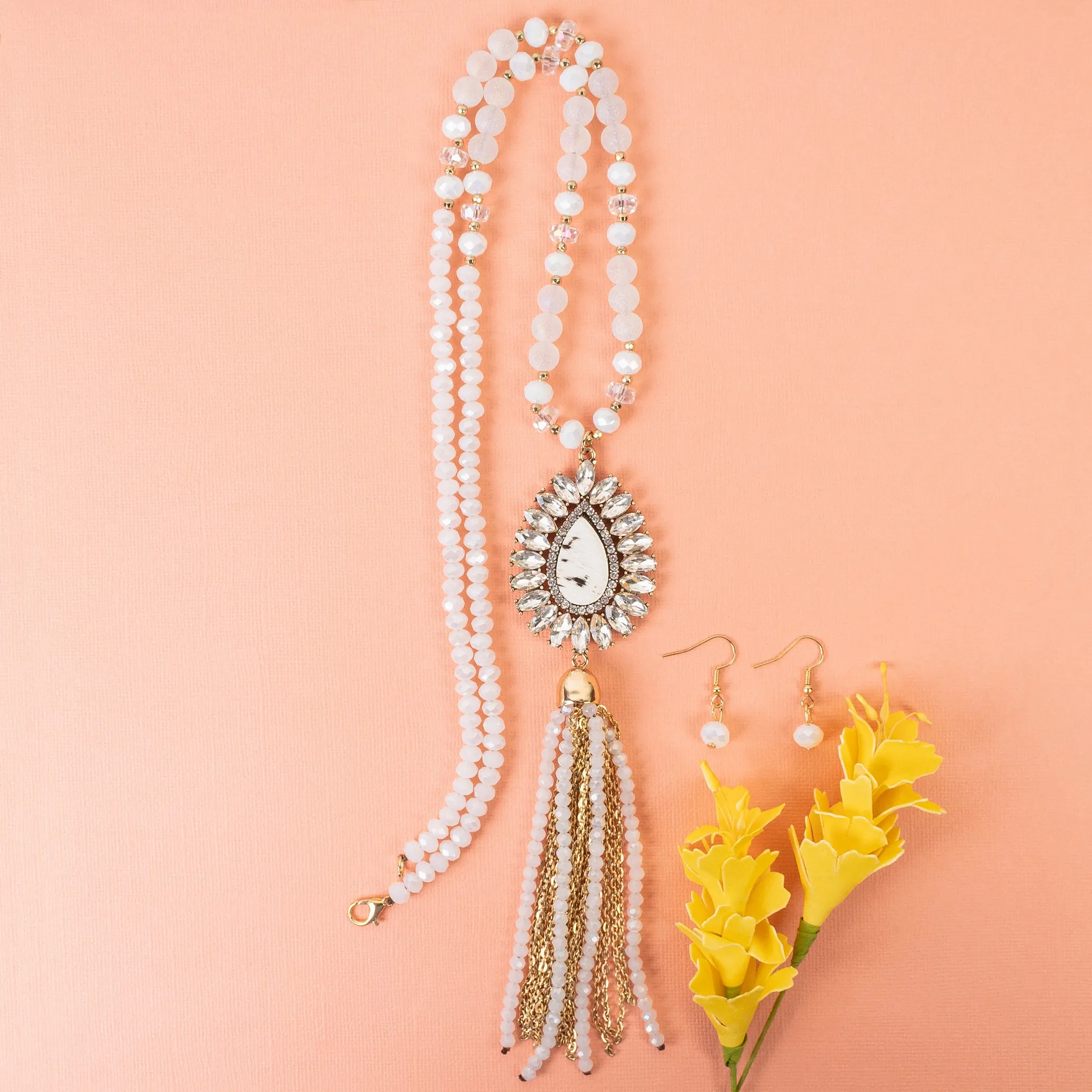 72964 - Animal Print Beaded Tassel Necklace - White
