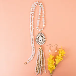 72964 - Animal Print Beaded Tassel Necklace - White
