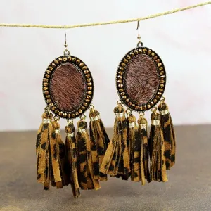 734001 - Animal Hide Tassel Earrings - Dark Brown