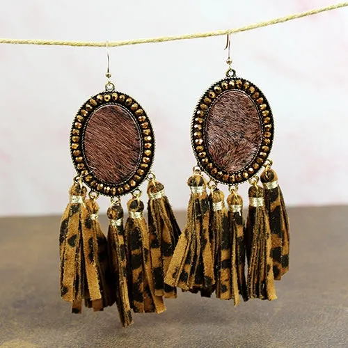 734001 - Animal Hide Tassel Earrings - Dark Brown
