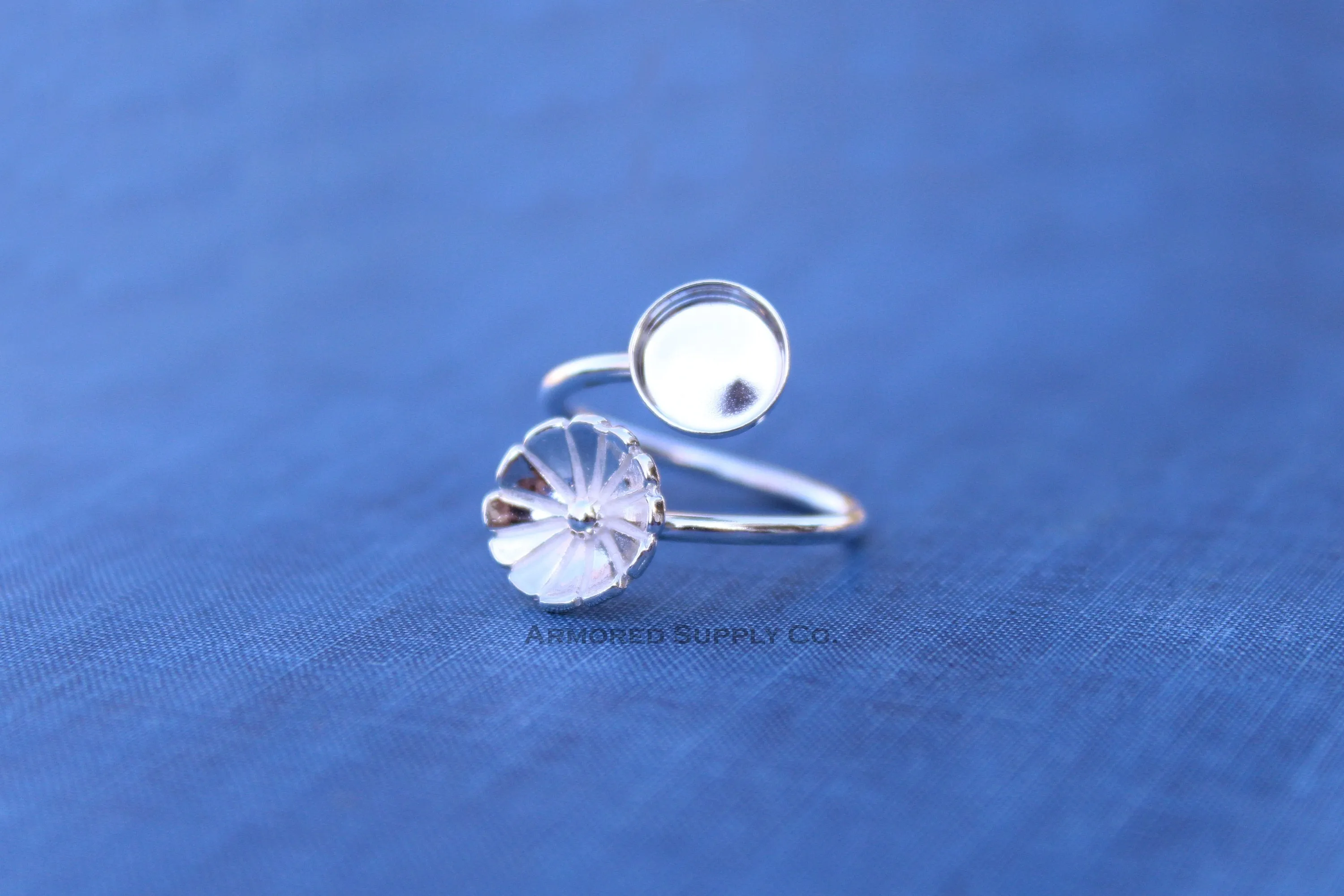 7mm Bezel Silver Flower Wrap Bypass Adjustable Ring blank