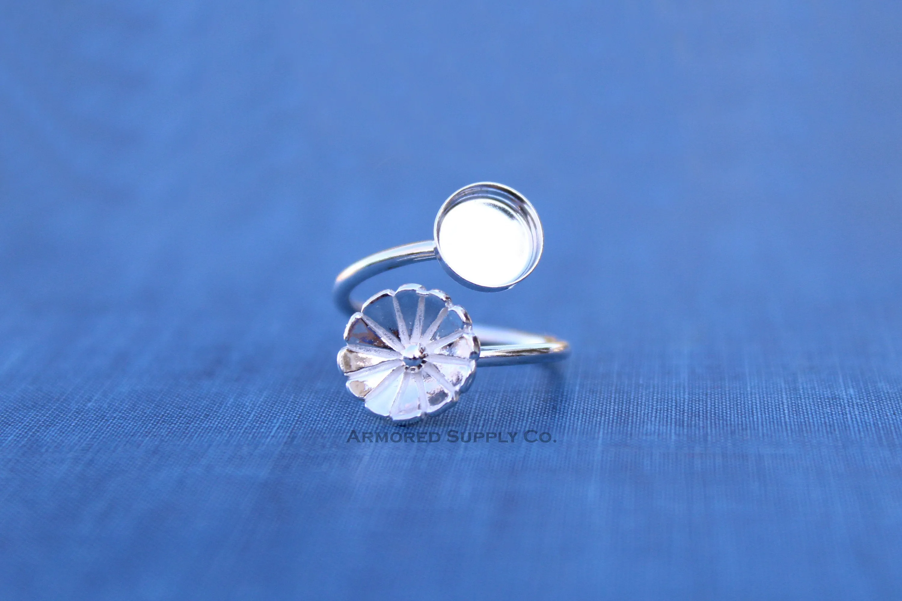 7mm Bezel Silver Flower Wrap Bypass Adjustable Ring blank