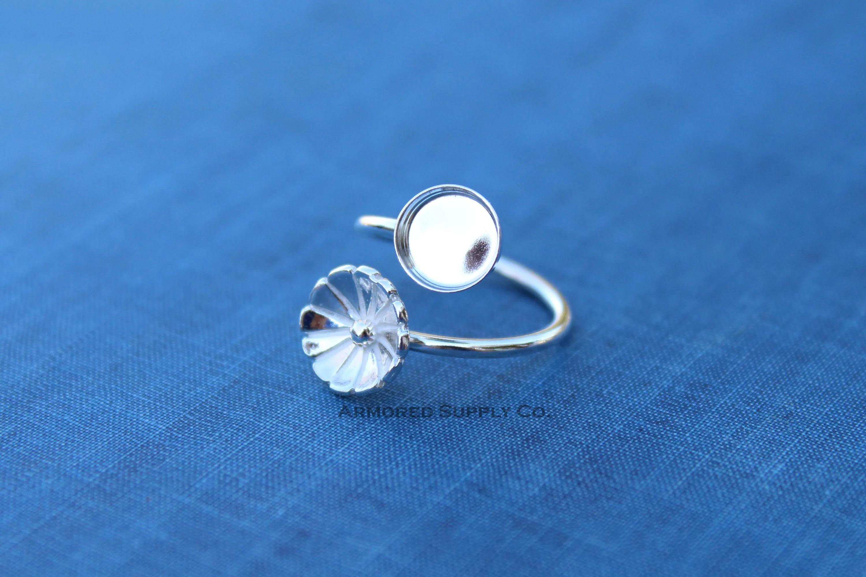 7mm Bezel Silver Flower Wrap Bypass Adjustable Ring blank