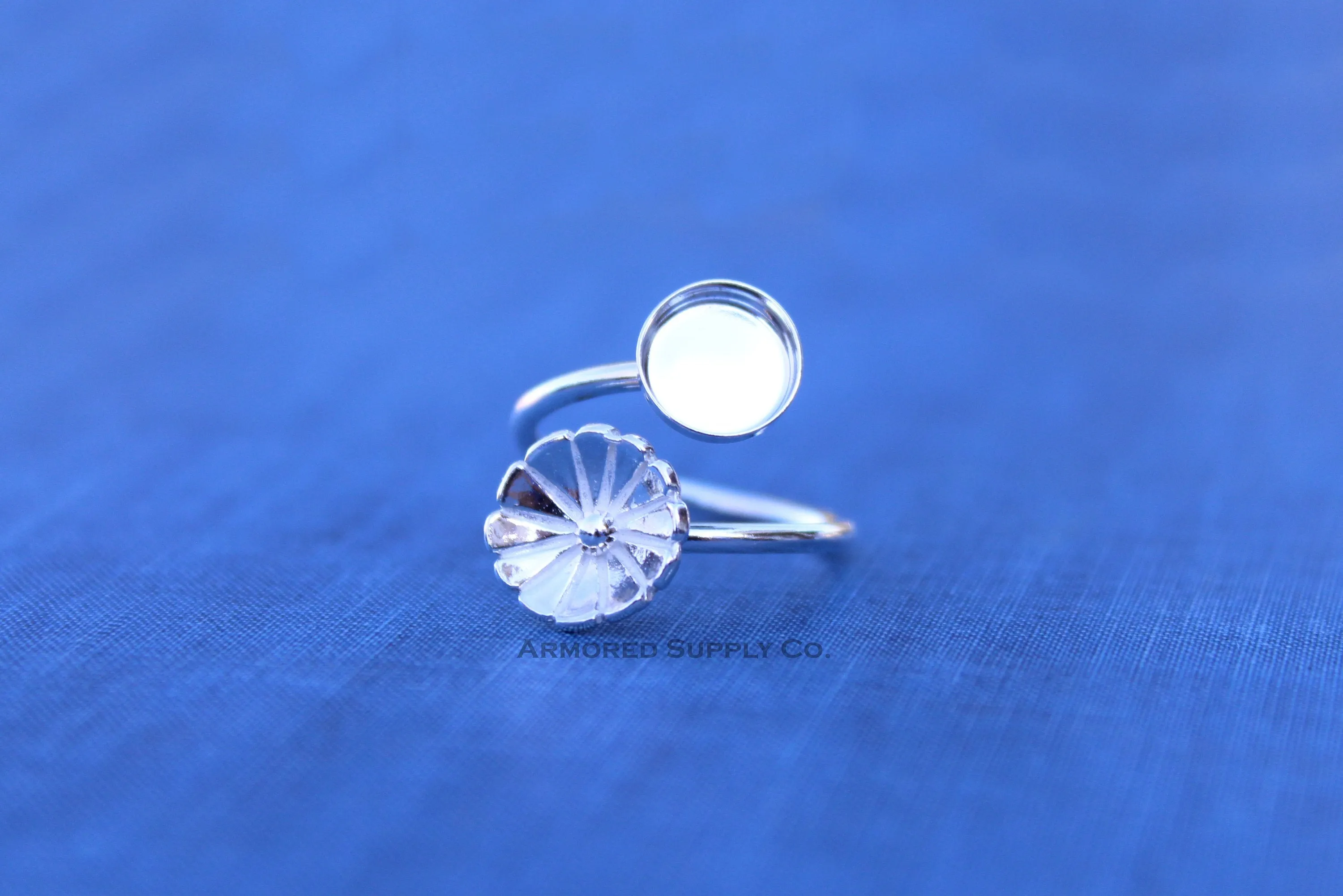 7mm Bezel Silver Flower Wrap Bypass Adjustable Ring blank