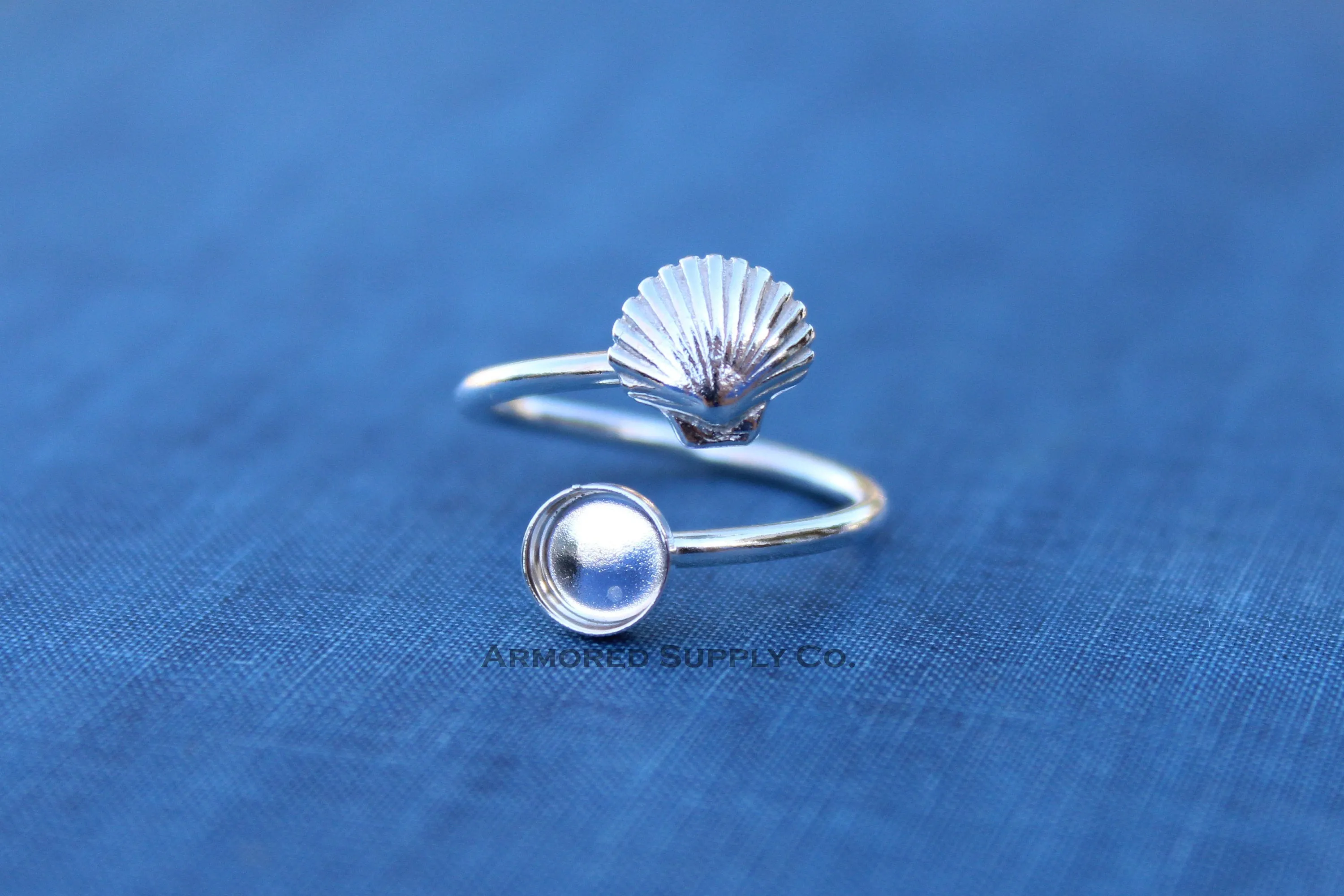 7mm Bezel Silver Sea Shell Wrap Bypass Adjustable Ring blank