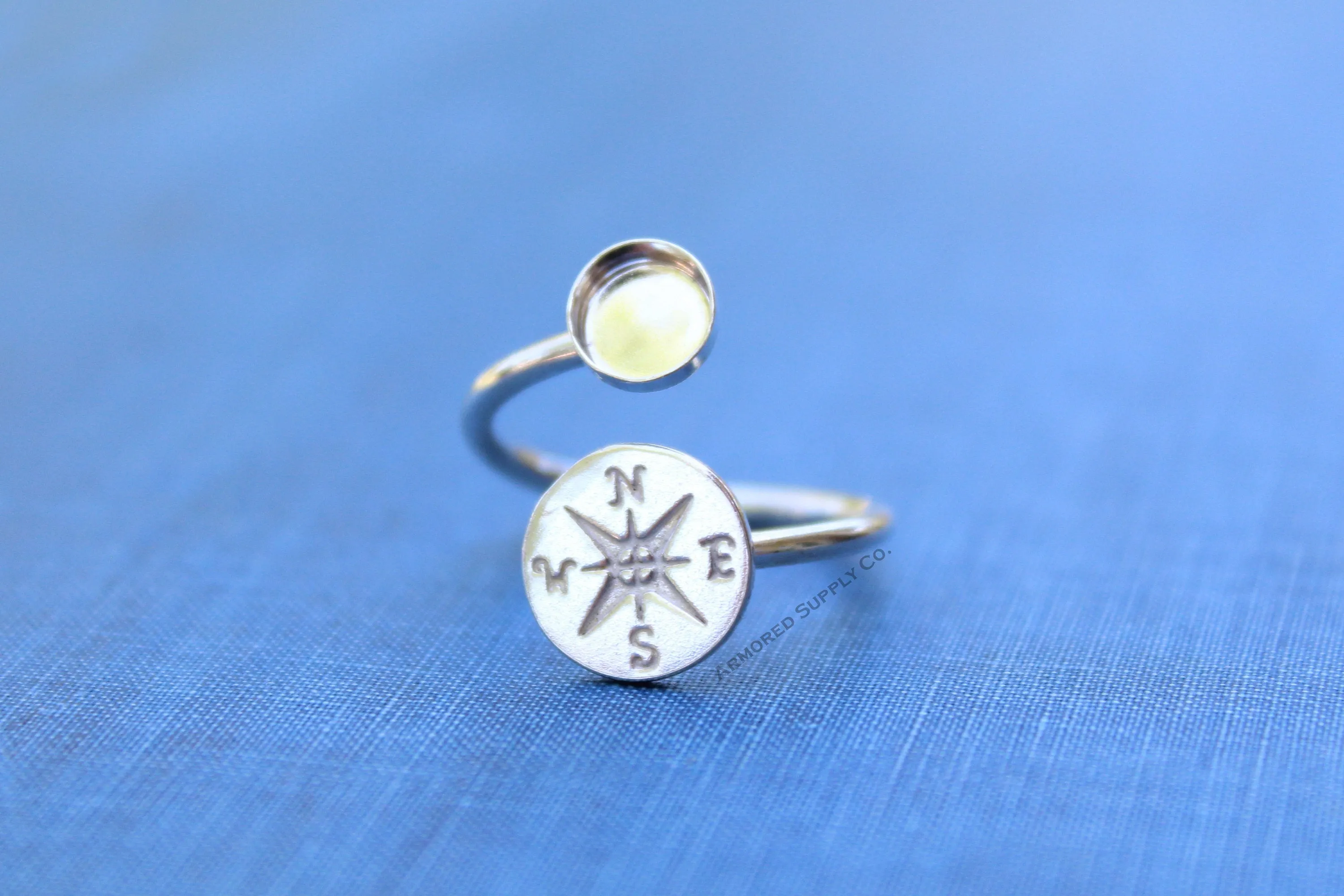 8mm Bezel Silver Compass Wrap Bypass Adjustable Ring blank
