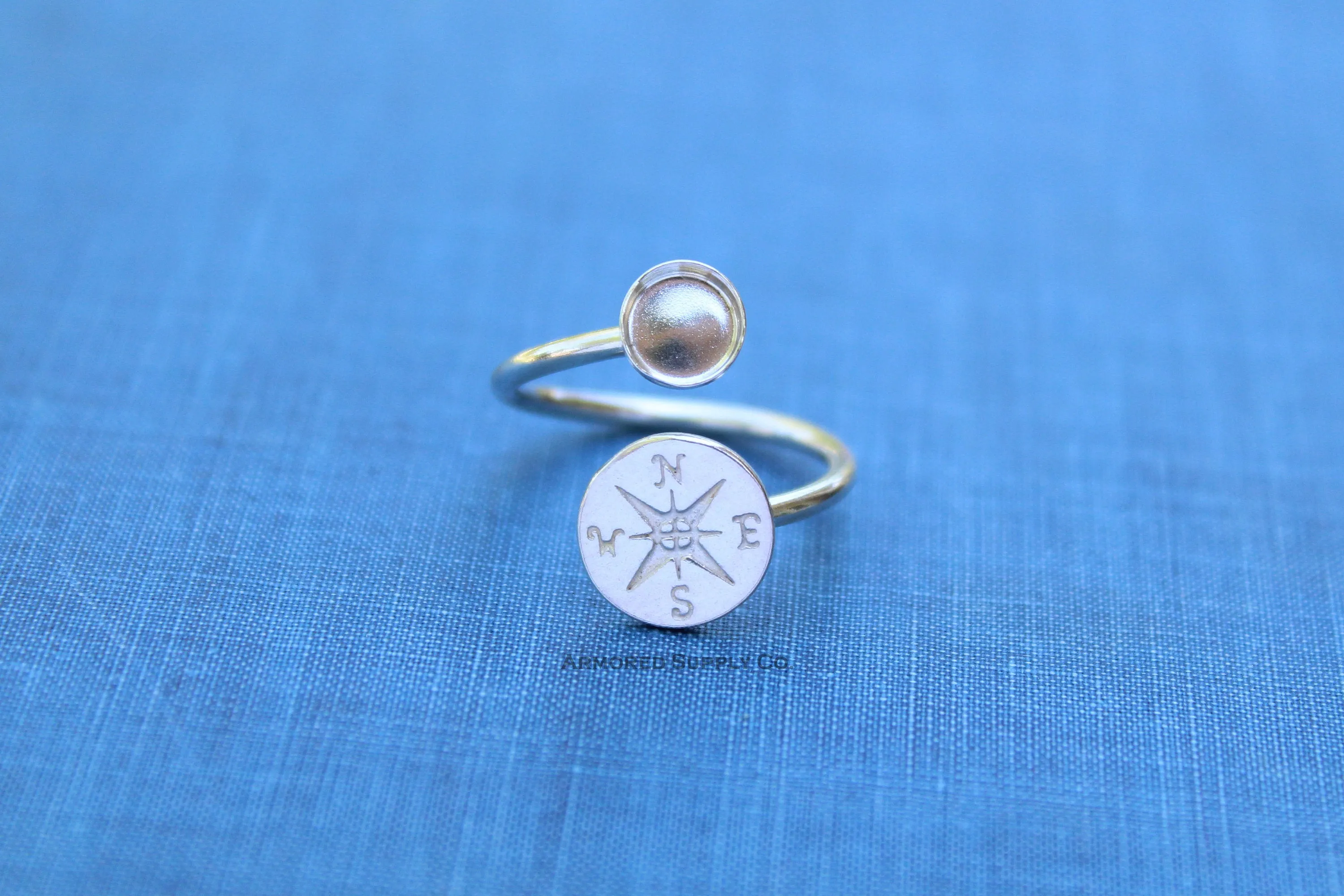 8mm Bezel Silver Compass Wrap Bypass Adjustable Ring blank
