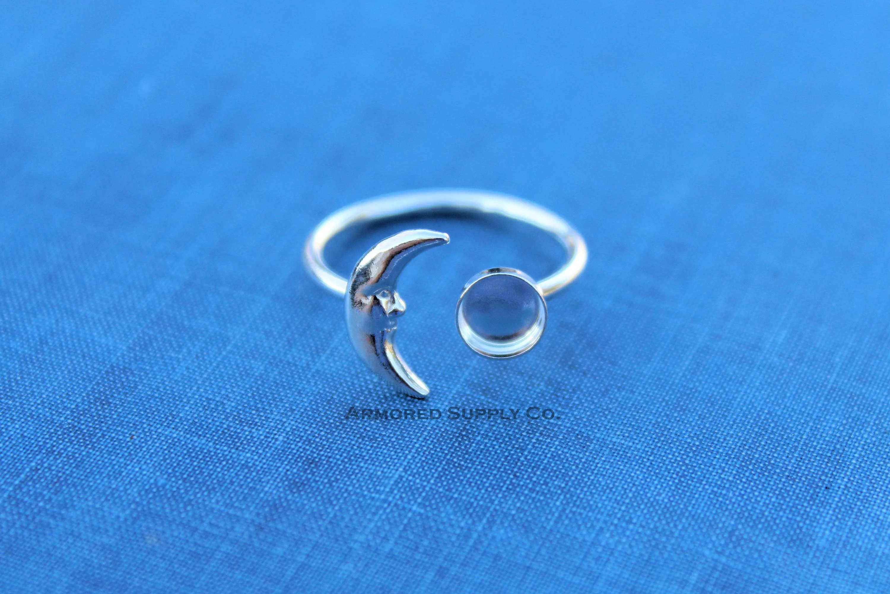 8mm Bezel Silver Crescent Moon Open Adjustable Ring blank