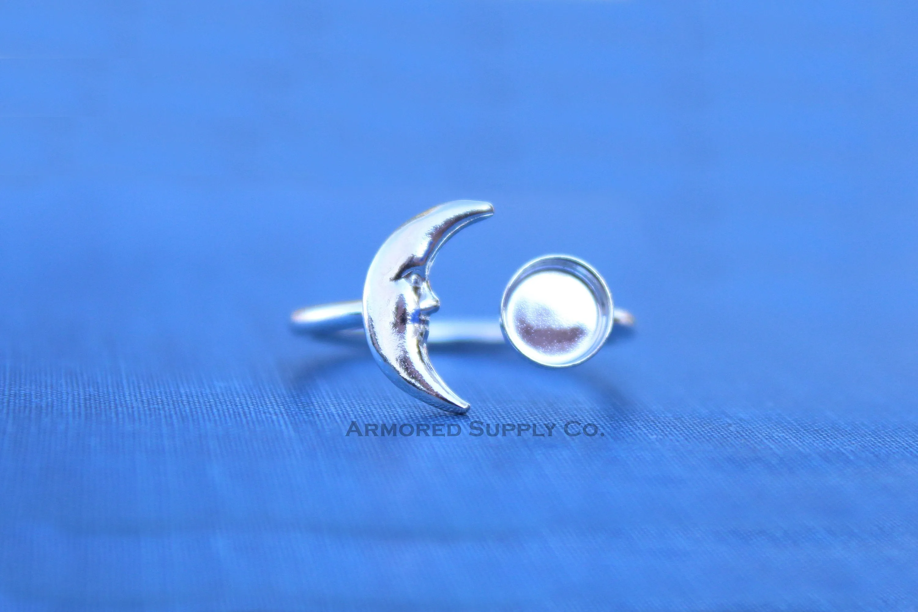 8mm Bezel Silver Crescent Moon Open Adjustable Ring blank