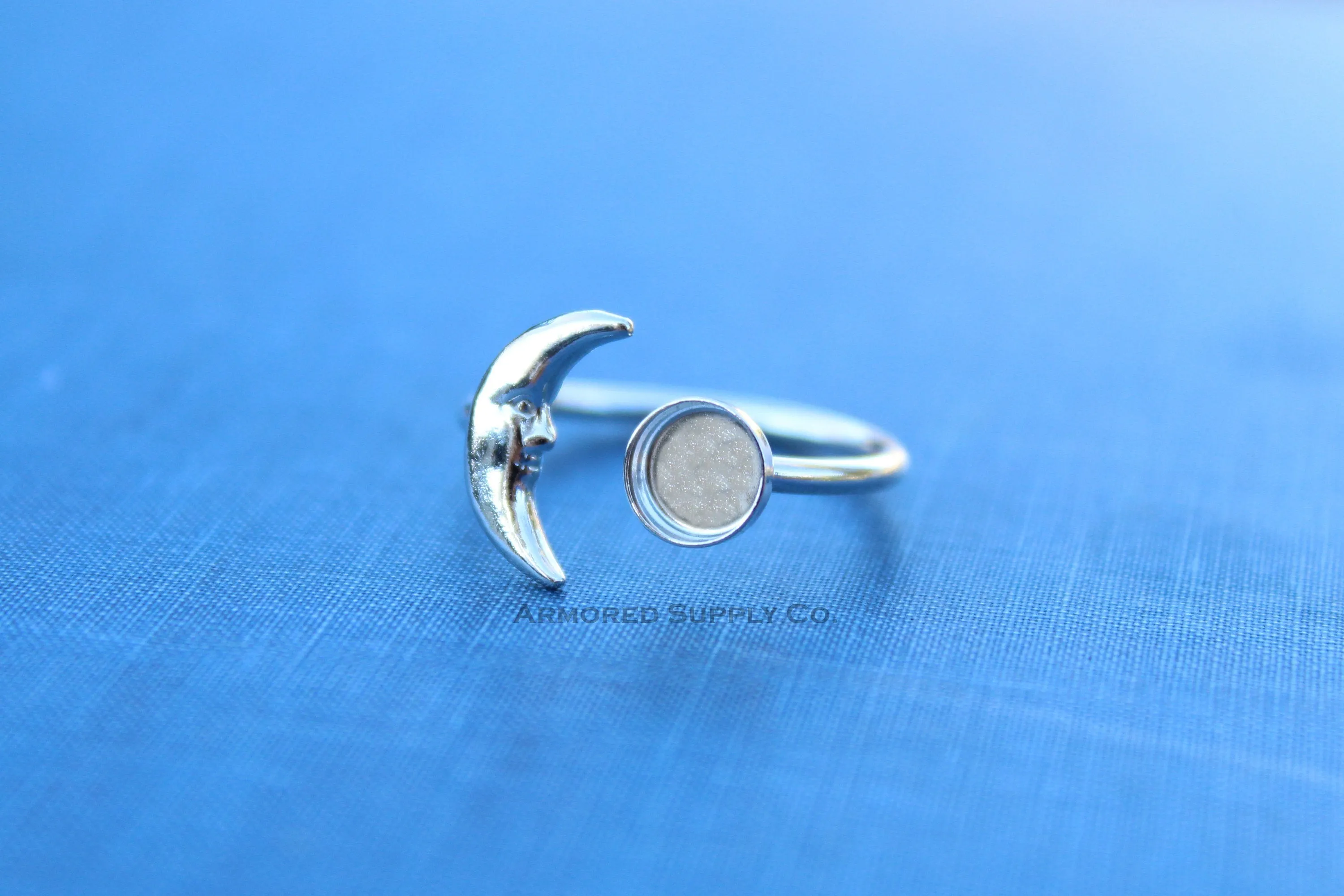 8mm Bezel Silver Crescent Moon Open Adjustable Ring blank