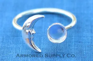 8mm Bezel Silver Crescent Moon Open Adjustable Ring blank