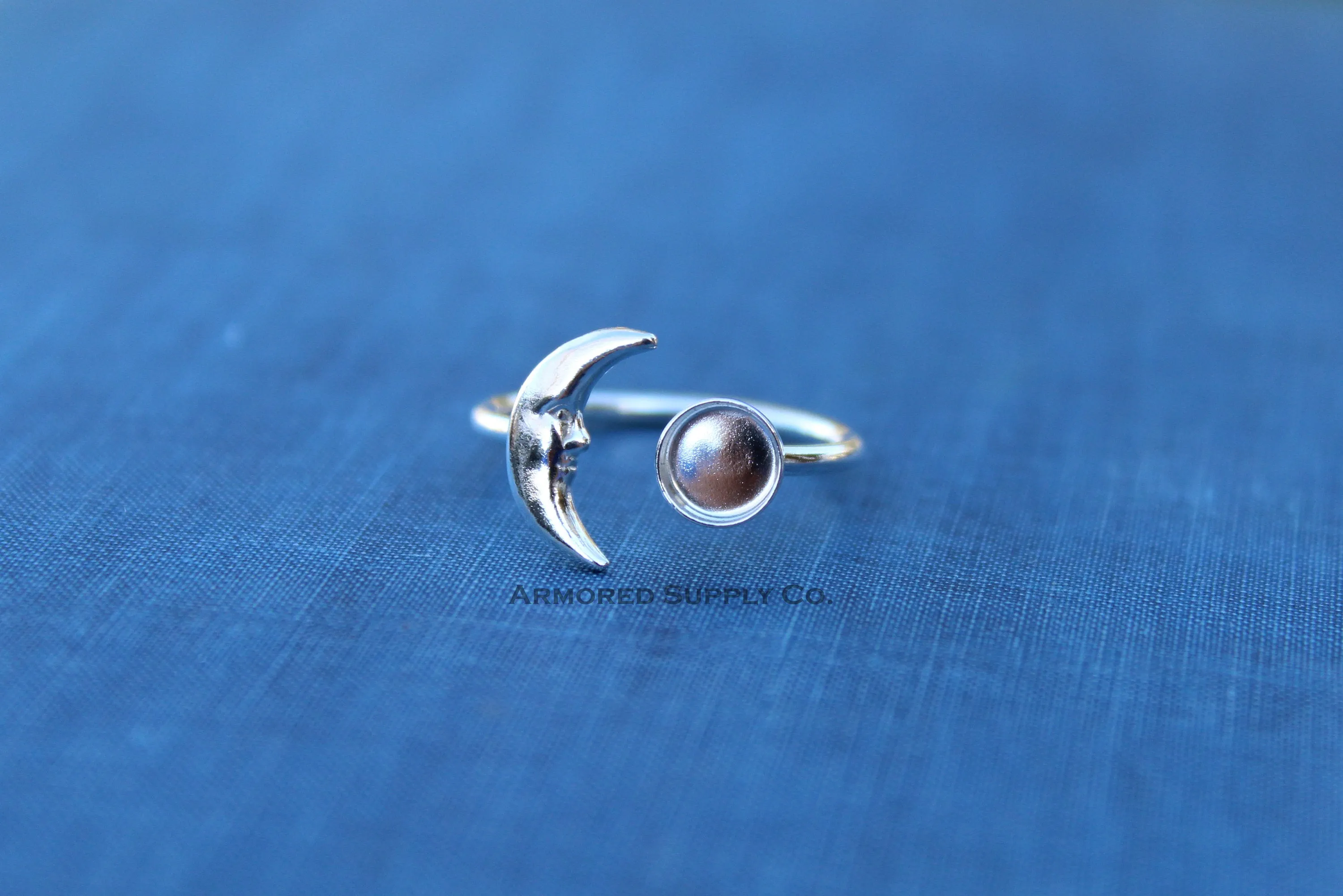 8mm Bezel Silver Crescent Moon Open Adjustable Ring blank