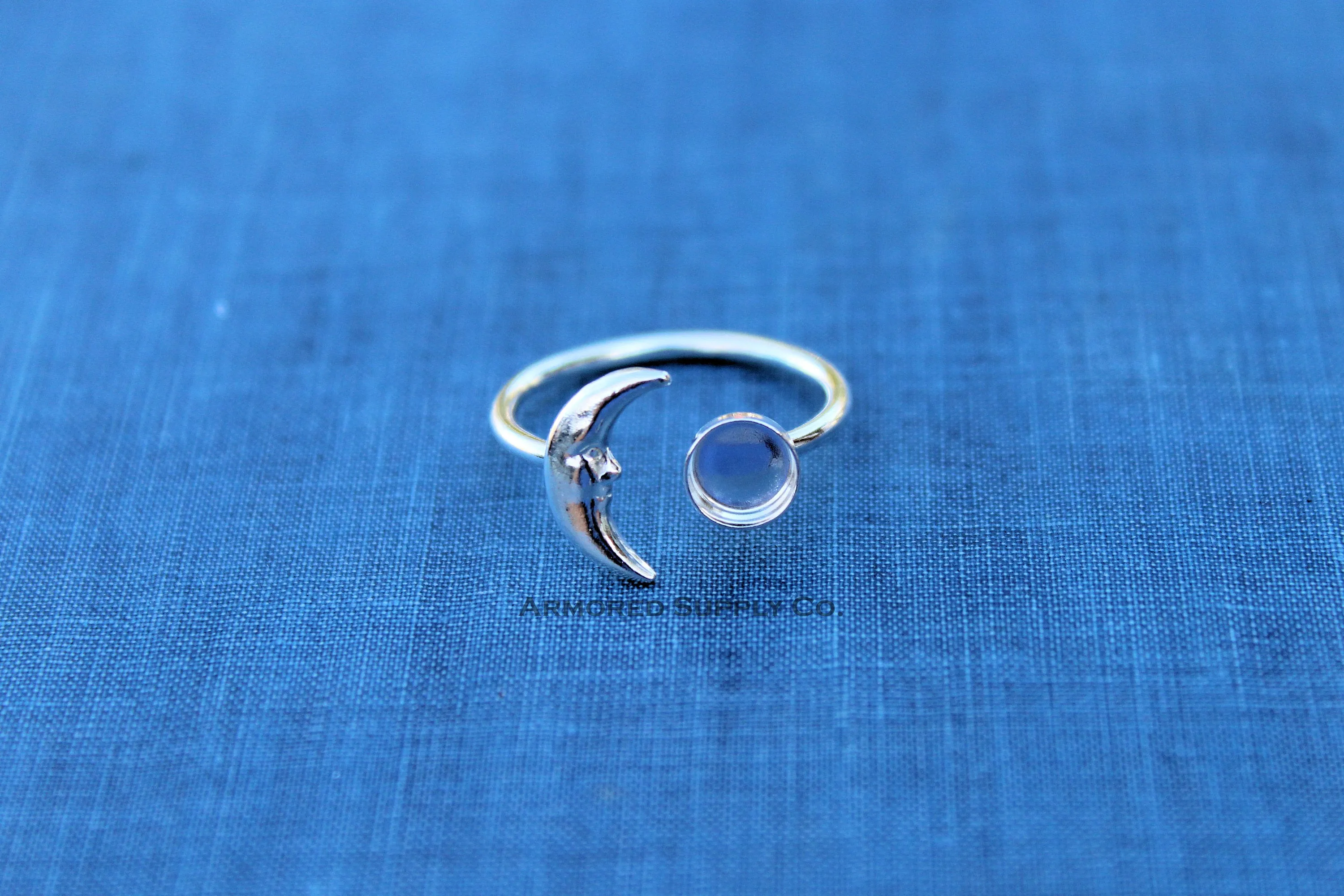 8mm Bezel Silver Crescent Moon Open Adjustable Ring blank