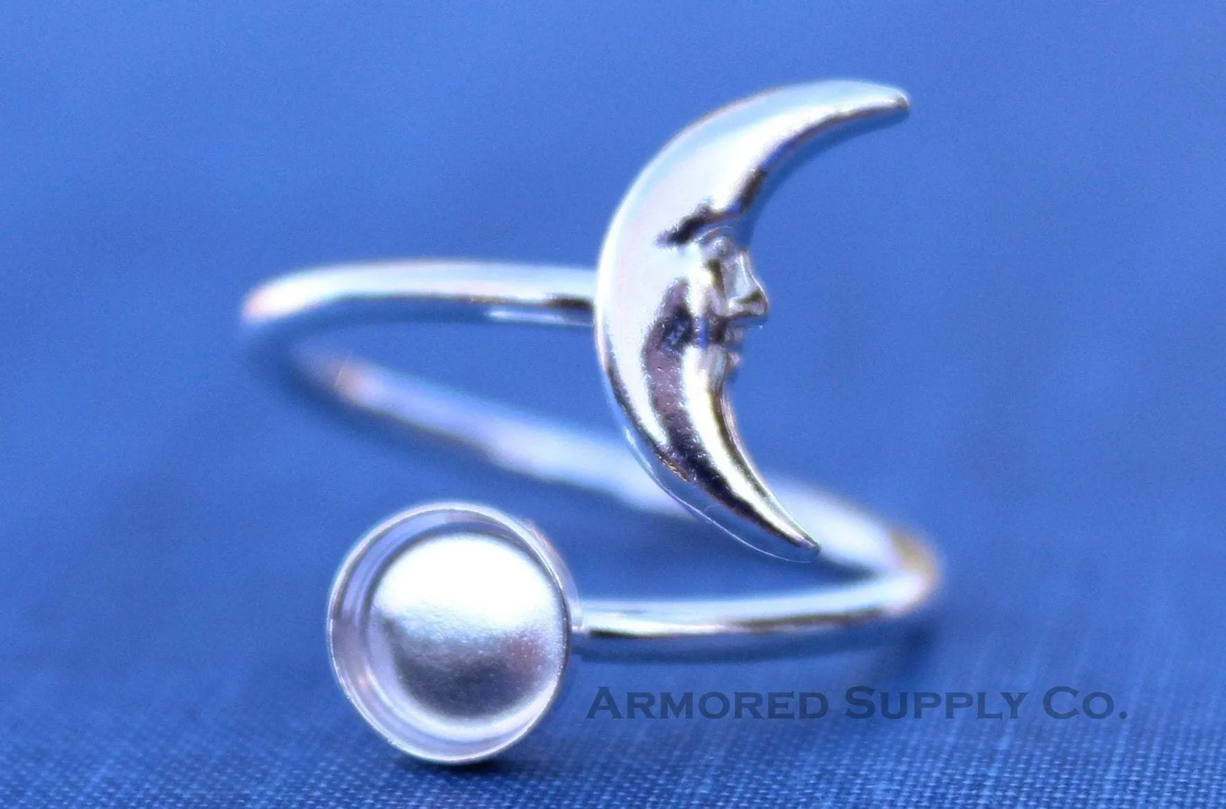 8mm Bezel Silver Crescent Moon Wrap Bypass Adjustable Ring blank