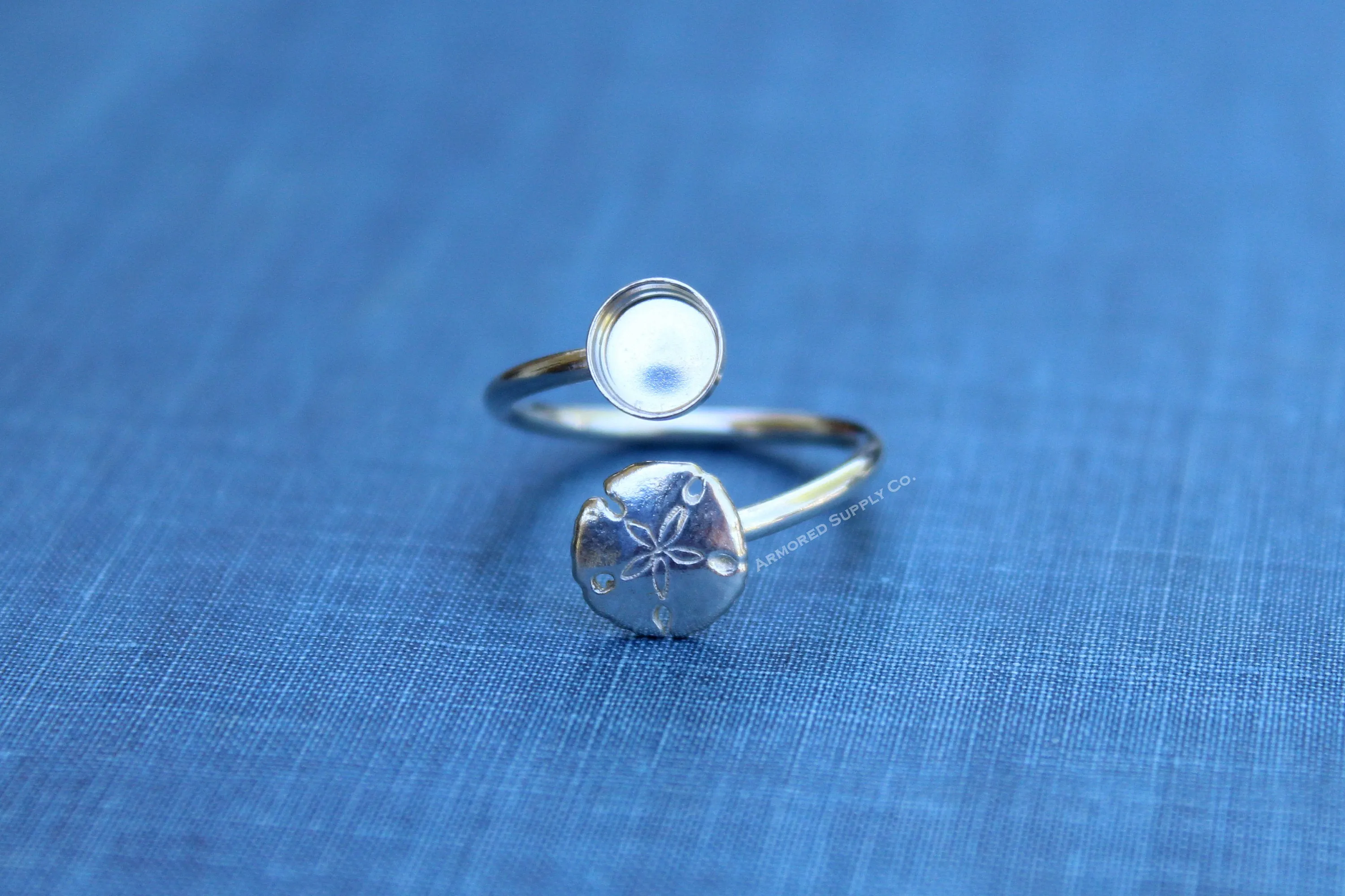 8mm Bezel Silver Sand Dollar Wrap Bypass Adjustable Ring blank