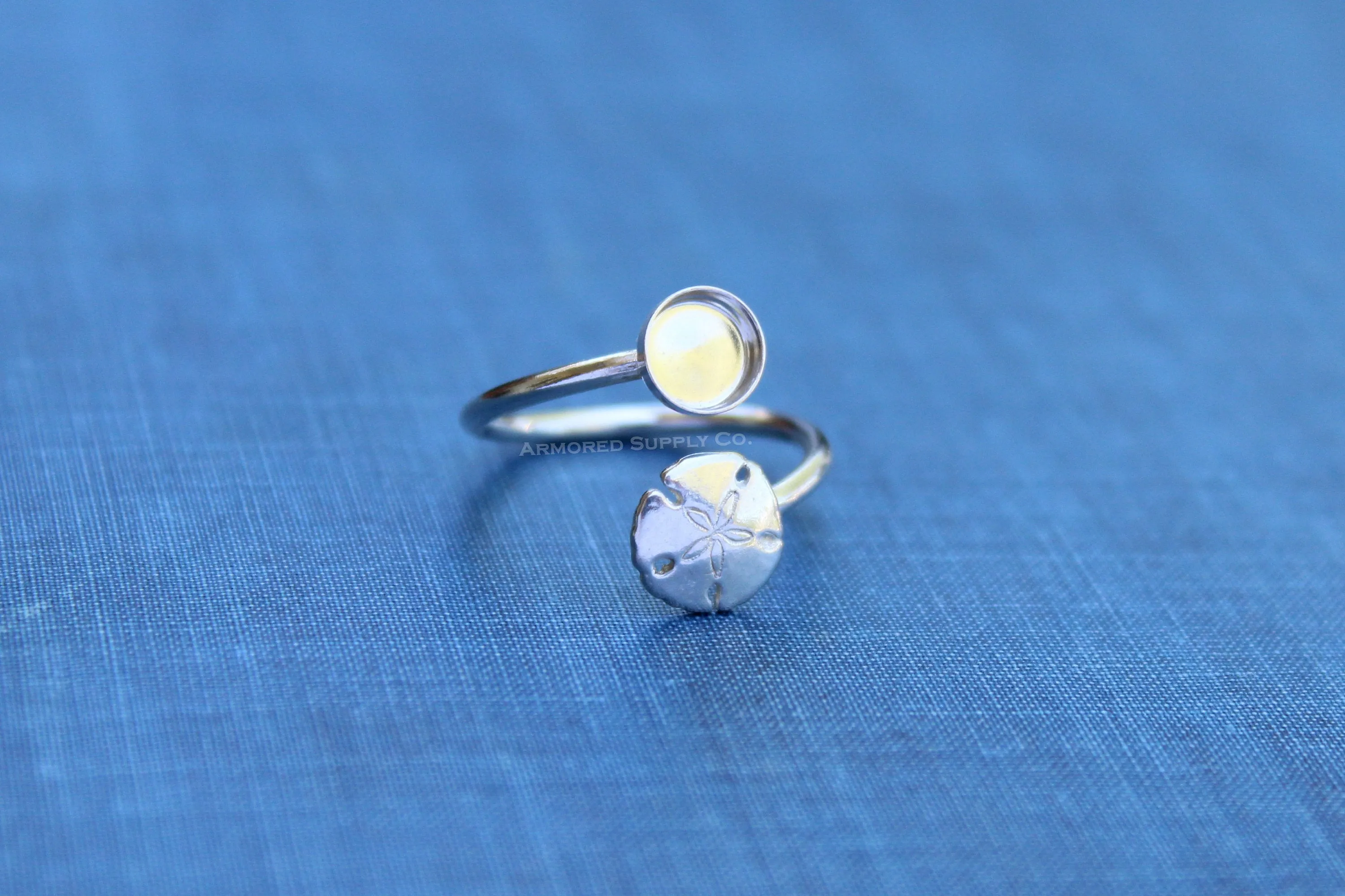 8mm Bezel Silver Sand Dollar Wrap Bypass Adjustable Ring blank