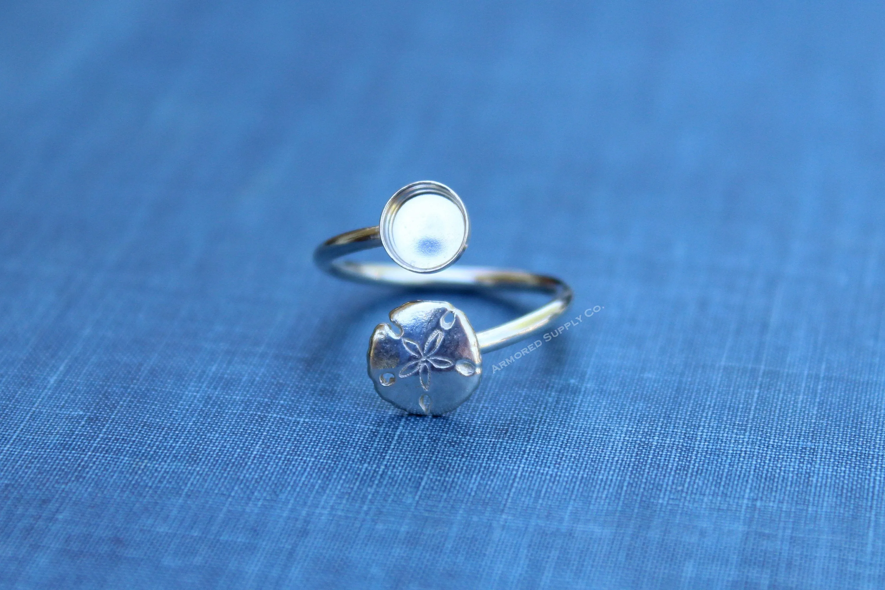 8mm Bezel Silver Sand Dollar Wrap Bypass Adjustable Ring blank
