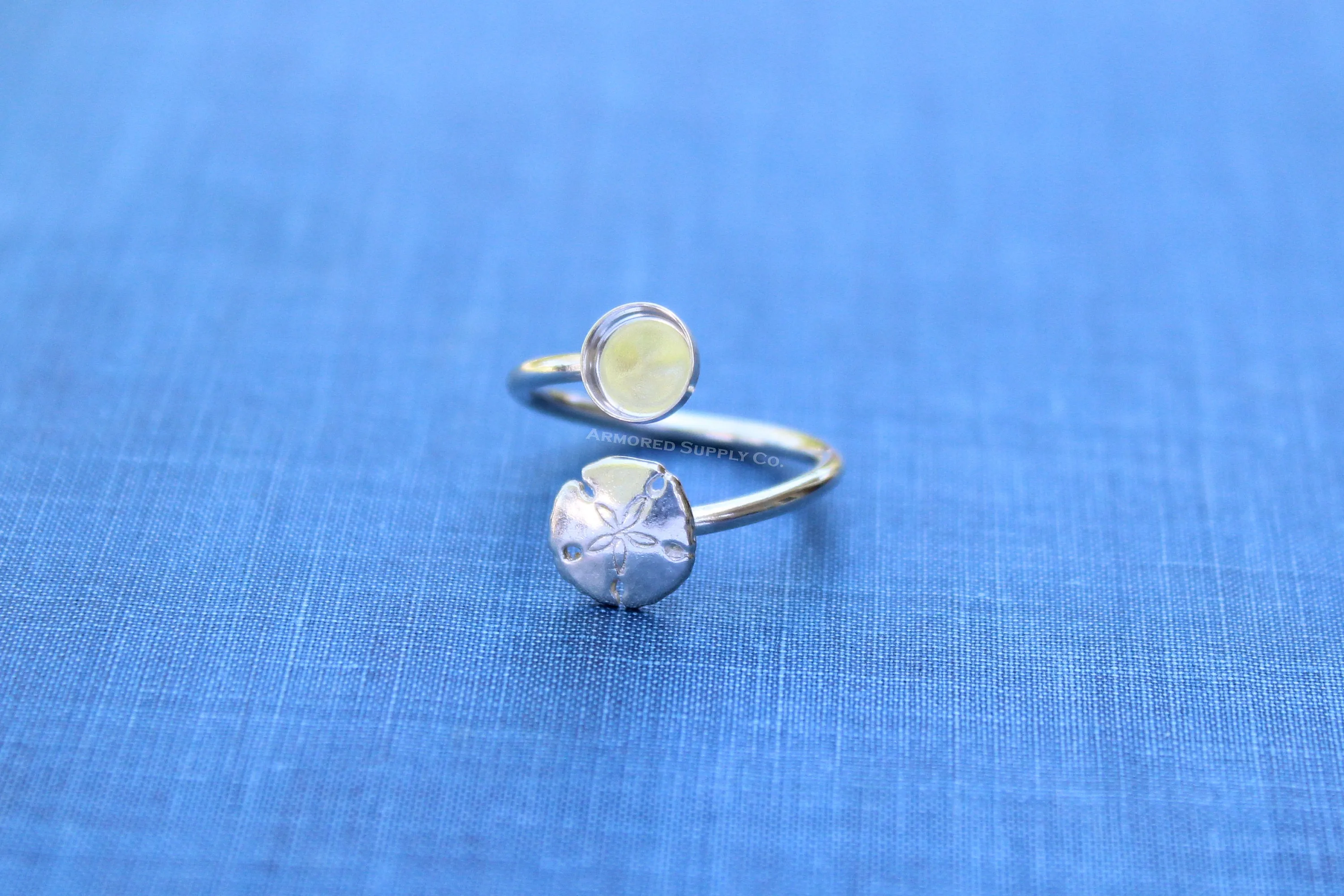 8mm Bezel Silver Sand Dollar Wrap Bypass Adjustable Ring blank