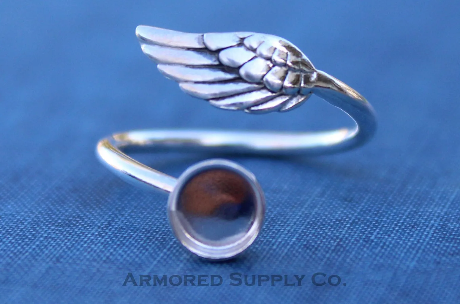8mm Silver Angel Wing Wrap Bypass Adjustable Bezel Ring blank