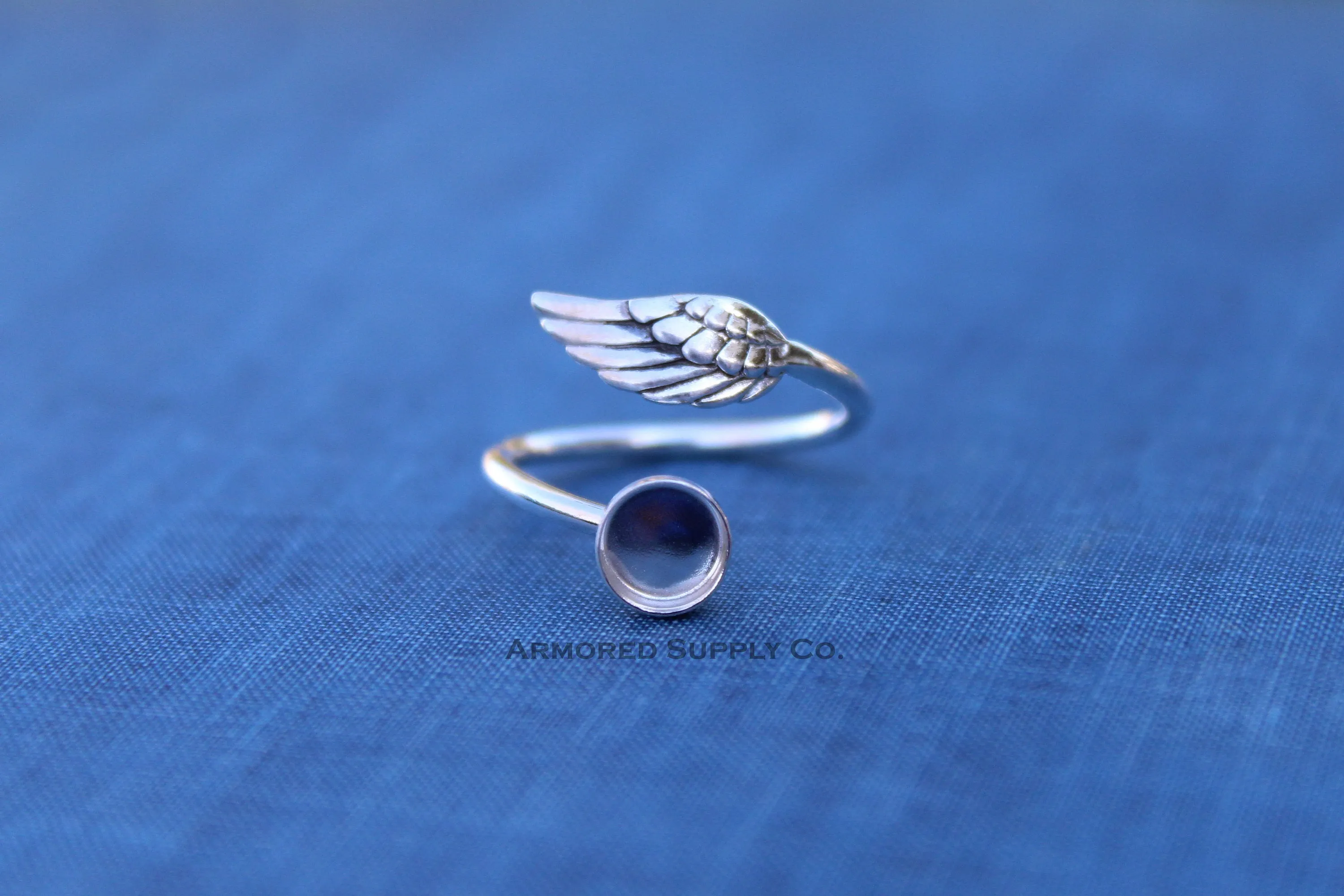 8mm Silver Angel Wing Wrap Bypass Adjustable Bezel Ring blank