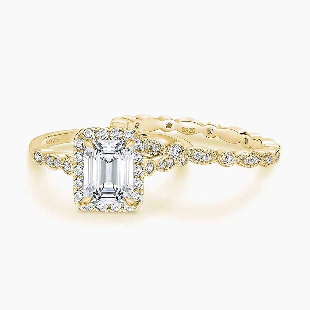 925 Sterling Silver Emerald Cut Cubic Zirconia Ring Set