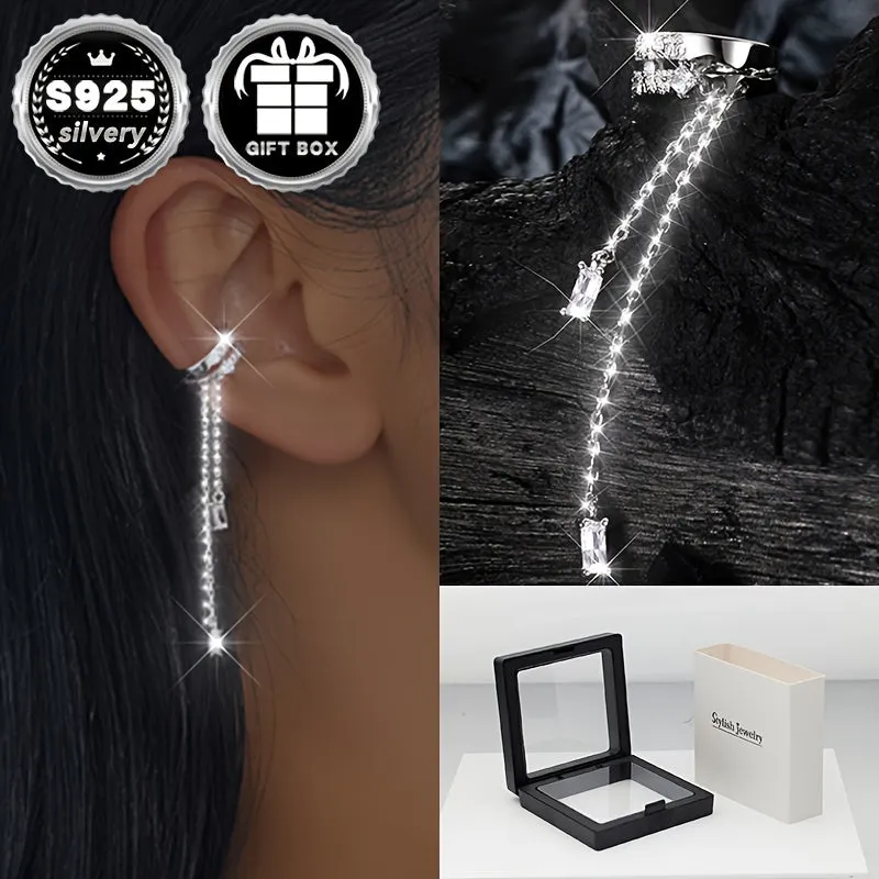 925 Sterling Silver Geometric Hollow Out Earrings Tassel Punk Style Studs