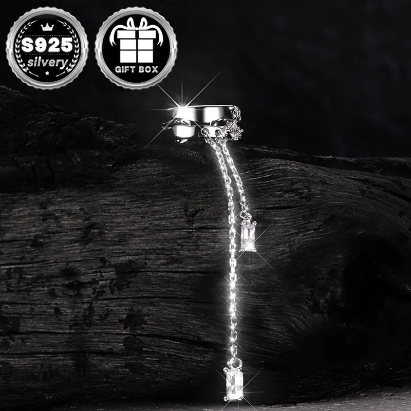 925 Sterling Silver Geometric Hollow Out Earrings Tassel Punk Style Studs