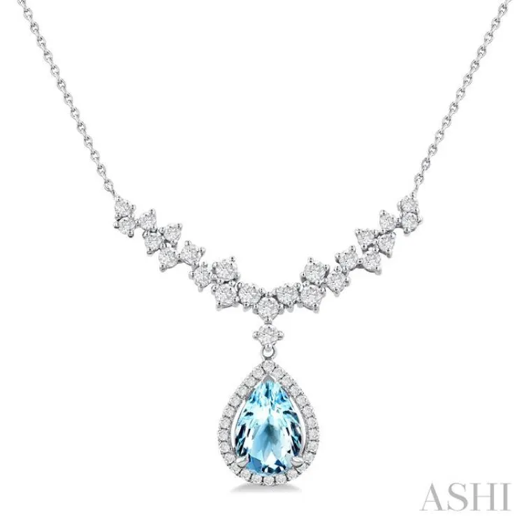 9X6MM Pear Cut Aquamarine and 3/4 ctw Round Cut Diamond Semi Precious Necklace in 14K White Gold