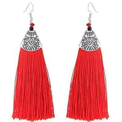 African Thread Tassel Drop Earrings - Red