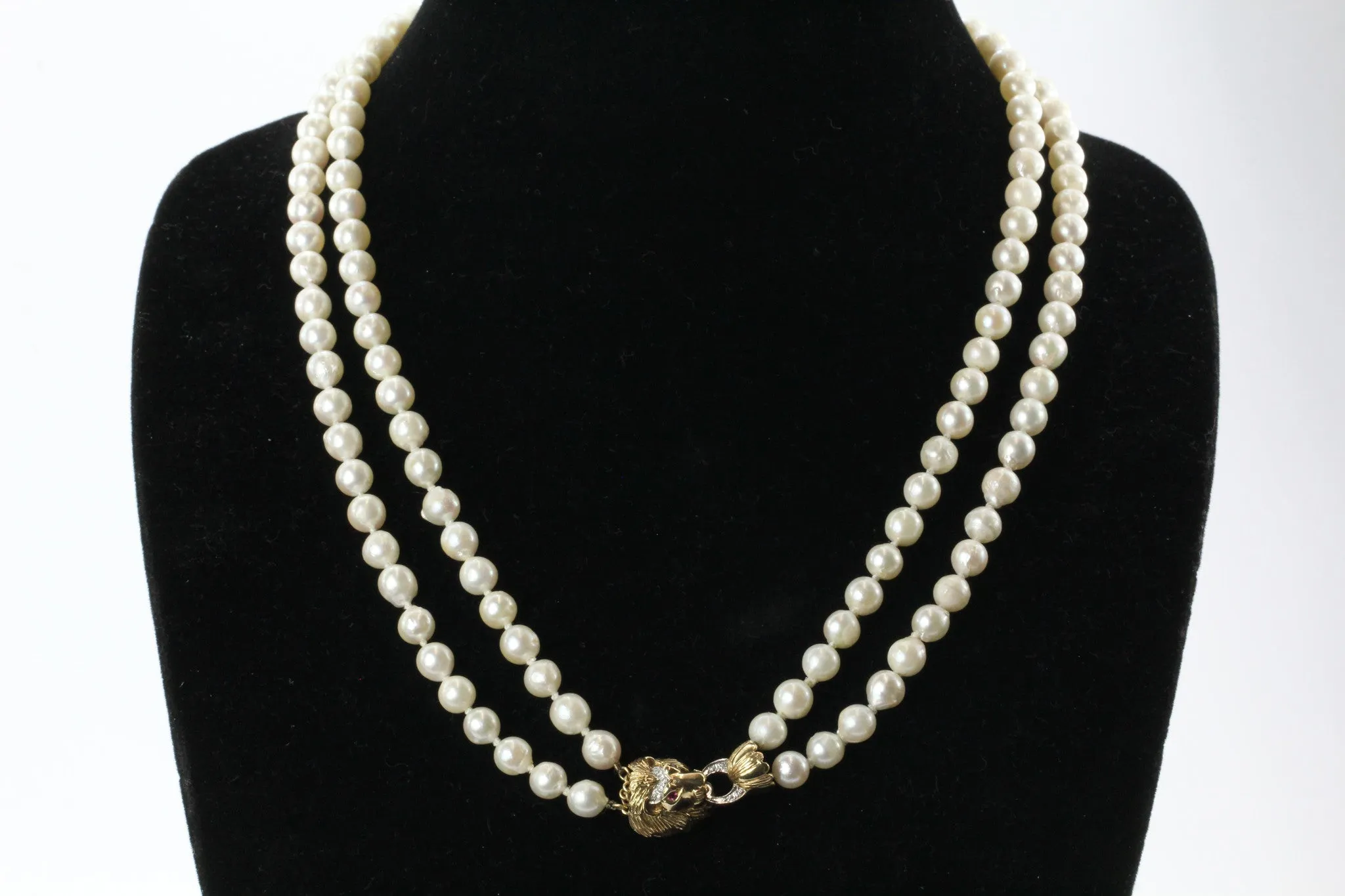 Antique 14K Gold Diamond & Ruby Lion Head Double Strand Pearl Necklace