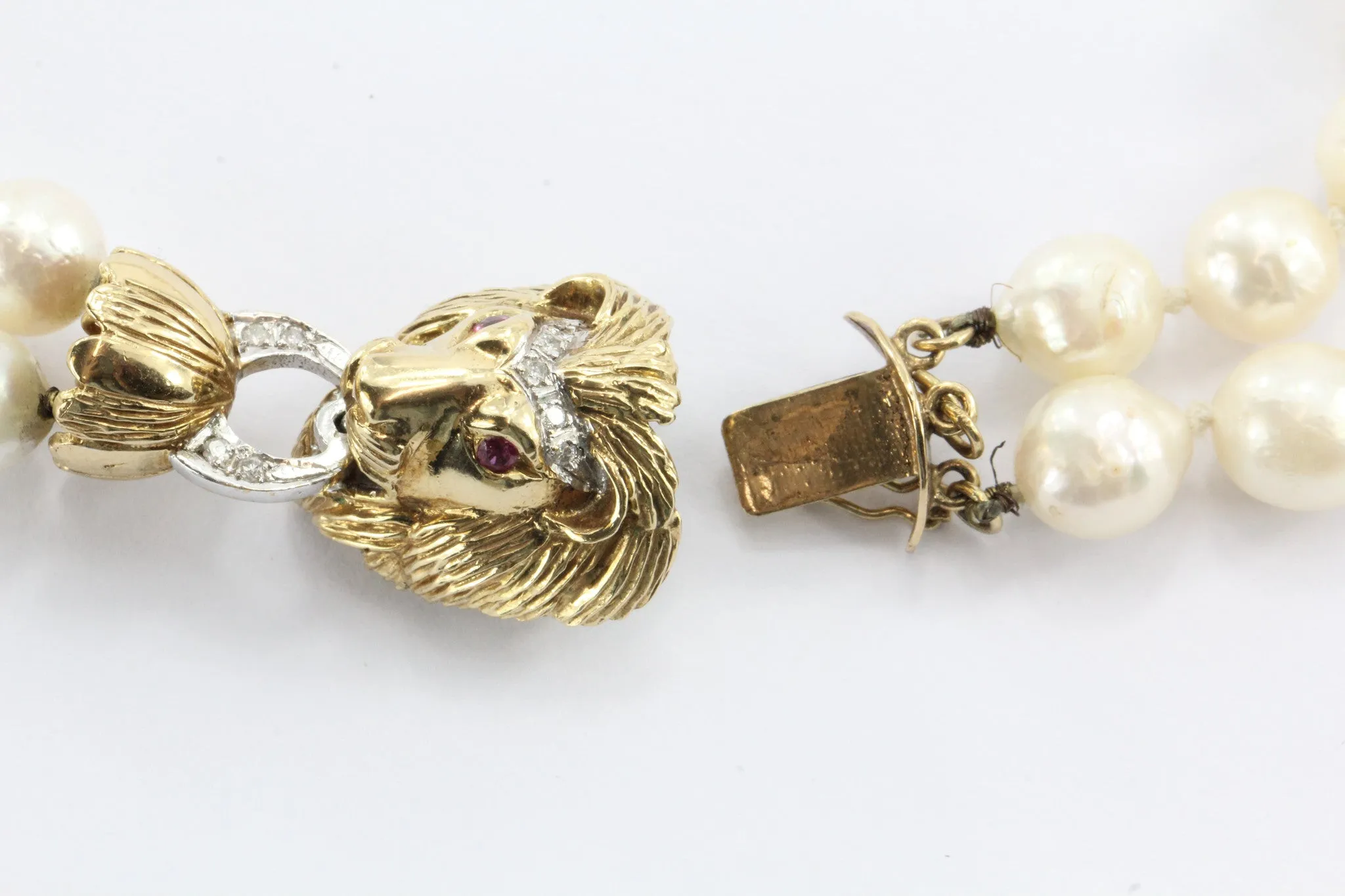 Antique 14K Gold Diamond & Ruby Lion Head Double Strand Pearl Necklace