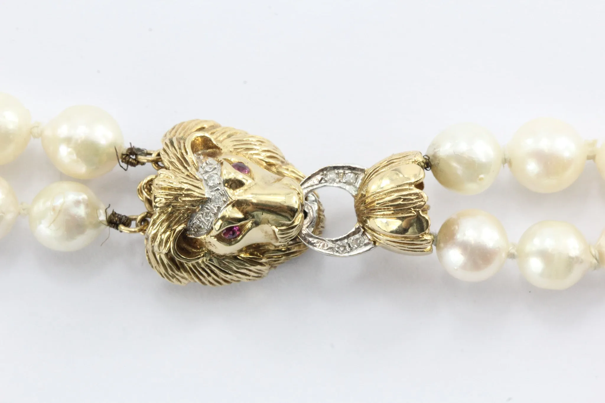 Antique 14K Gold Diamond & Ruby Lion Head Double Strand Pearl Necklace