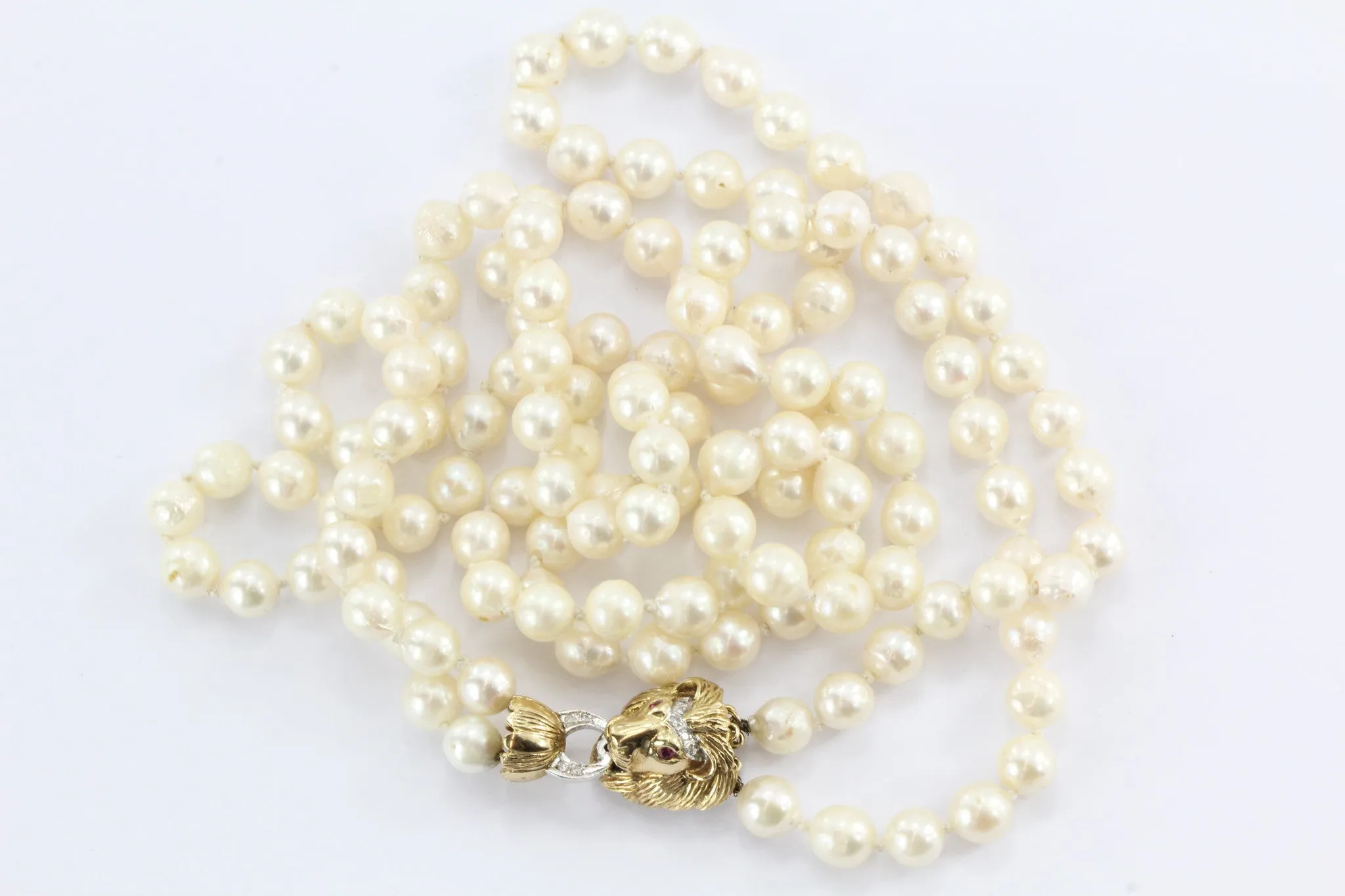 Antique 14K Gold Diamond & Ruby Lion Head Double Strand Pearl Necklace